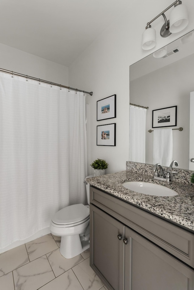 449 River Bluff Dr, Franklin, TN 37064 - full bath with vanity, marble finish floor, toilet, and a shower with curtain