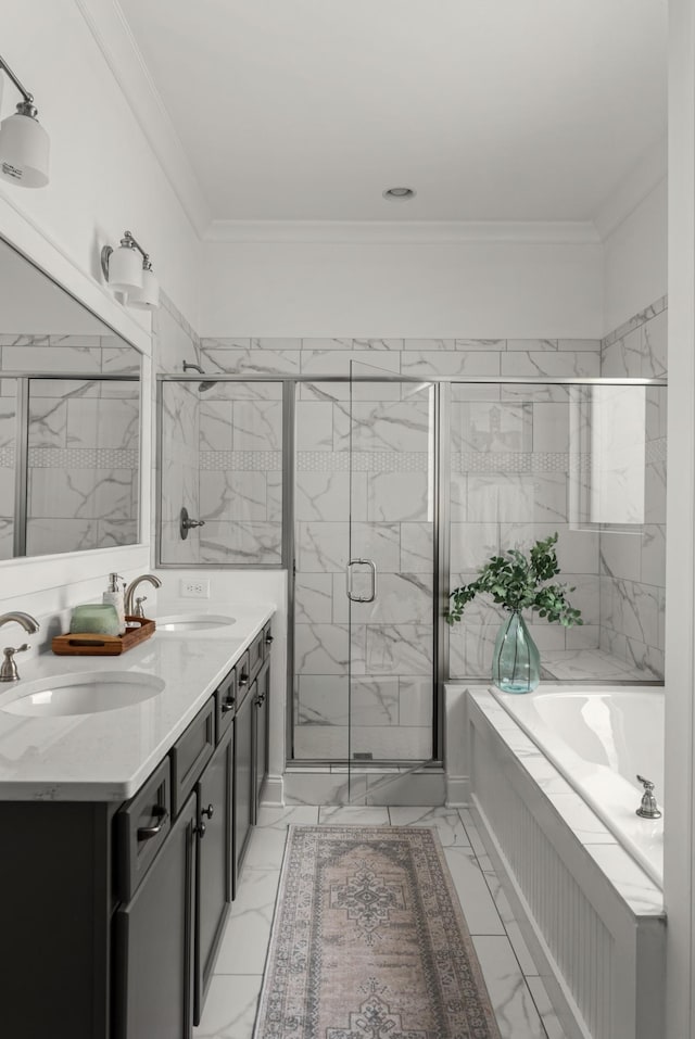 449 River Bluff Dr, Franklin, TN 37064 - bathroom with a sink, a marble finish shower, a garden tub, and marble finish floor