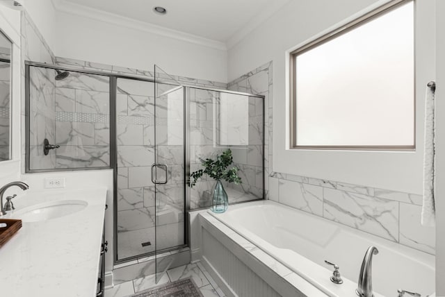 449 River Bluff Dr, Franklin, TN 37064 - bathroom featuring crown molding, vanity, marble finish floor, a bath, and a shower stall