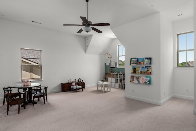 449 River Bluff Dr, Franklin, TN 37064 - game room featuring baseboards, carpet flooring, a ceiling fan, and visible vents