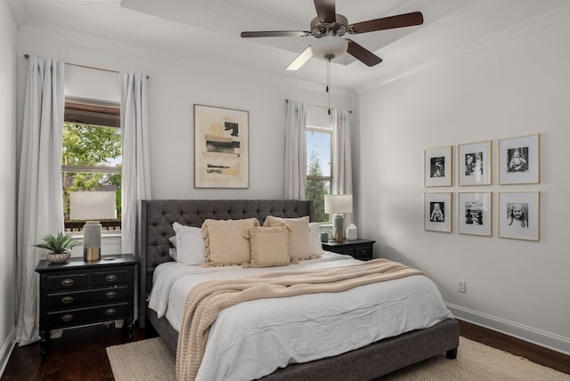 449 River Bluff Dr, Franklin, TN 37064 - bedroom with a ceiling fan, baseboards, dark wood-style floors, and multiple windows
