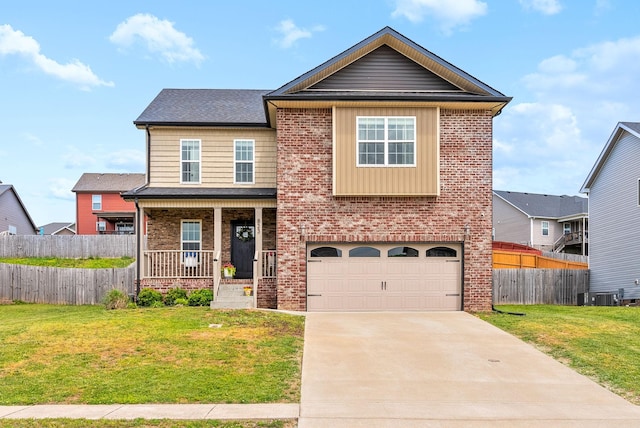 craftsman house with covered porch, driveway, a front yard, a garage, and fence