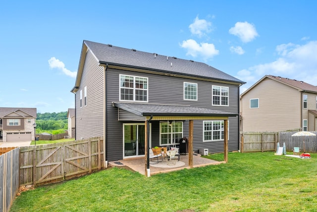 rear view of property with a fenced backyard, a yard, and a patio area