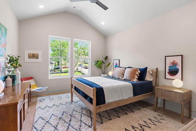 bedroom featuring recessed lighting, baseboards, visible vents, and lofted ceiling