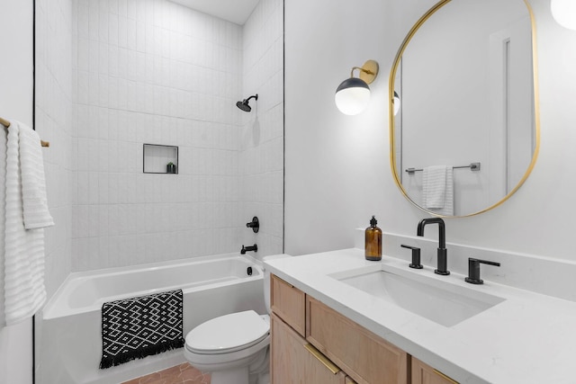 full bathroom with toilet, bathing tub / shower combination, and vanity