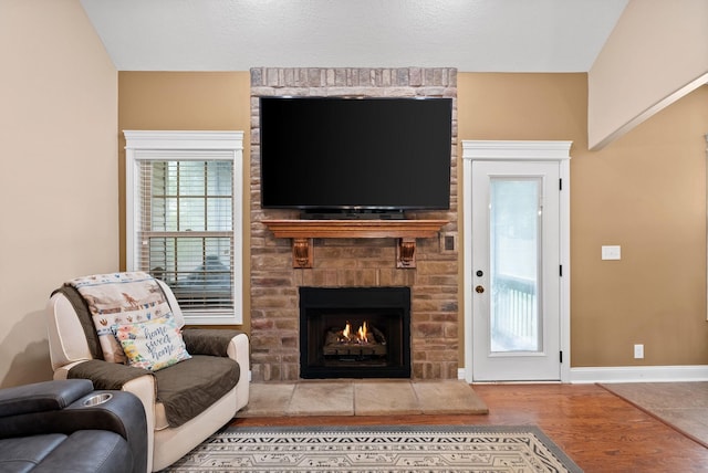 living room featuring baseboards, wood finished floors, and a fireplace