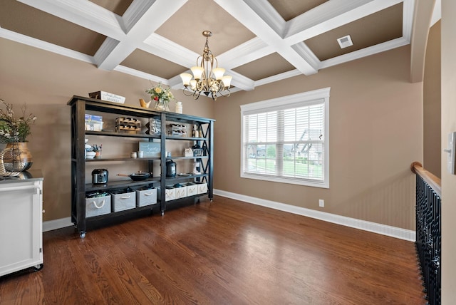 dining area with coffered ceiling, dark wood-style flooring, and a chandelier