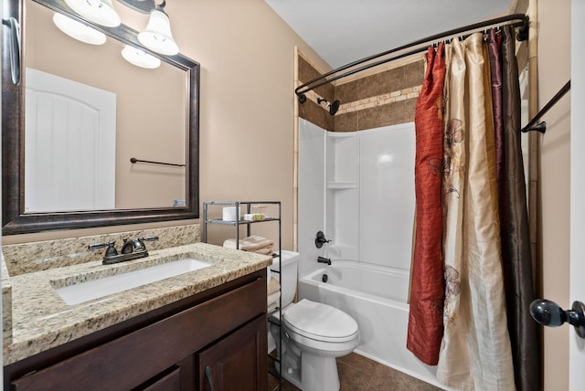 bathroom with vanity, tile patterned flooring, shower / bath combo, and toilet