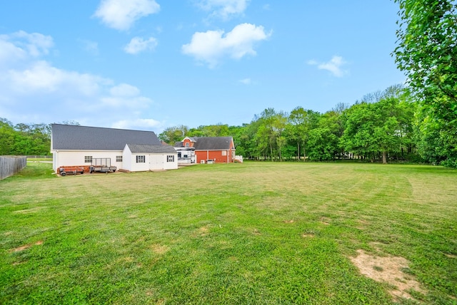 view of yard featuring fence and a wooden deck