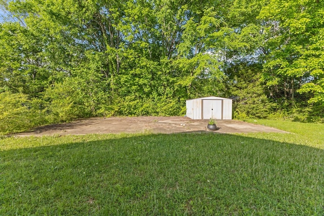 view of yard featuring an outdoor structure and a storage shed
