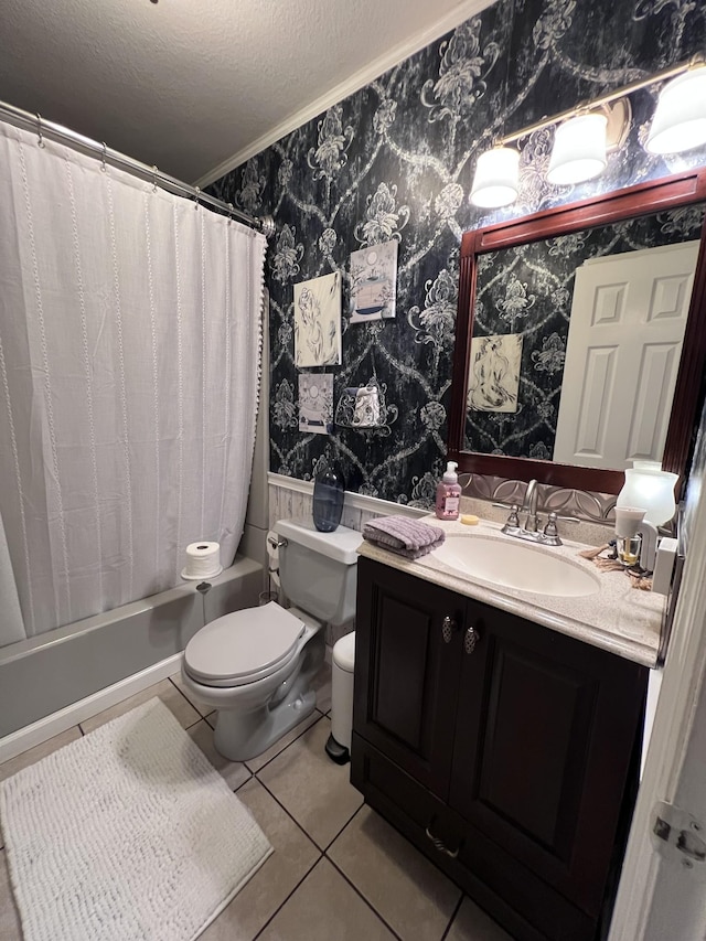104 Brown Ln, Tracy City, TN 37387 - full bathroom featuring tile patterned floors, toilet, a textured ceiling, ornamental molding, and vanity