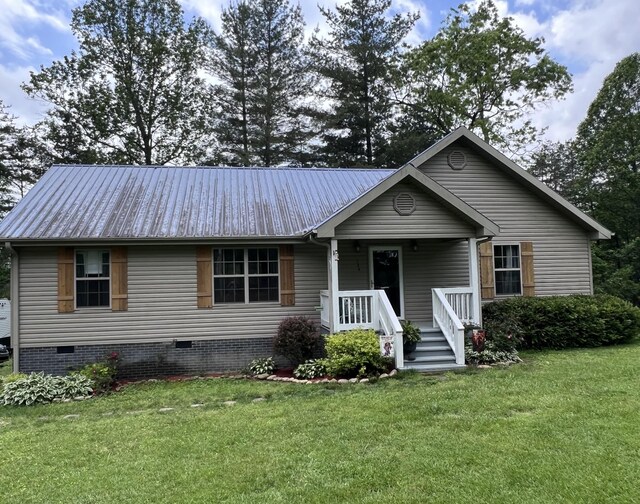 104 Brown Ln, Tracy City, TN 37387 - ranch-style house featuring crawl space, a front yard, metal roof, and a porch