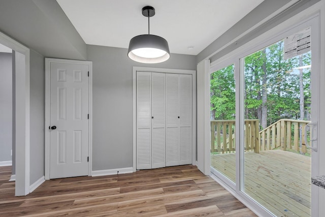interior space with a closet, baseboards, access to exterior, and light wood-type flooring