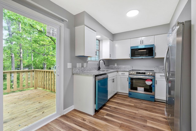 kitchen with appliances with stainless steel finishes, plenty of natural light, a sink, and wood finished floors