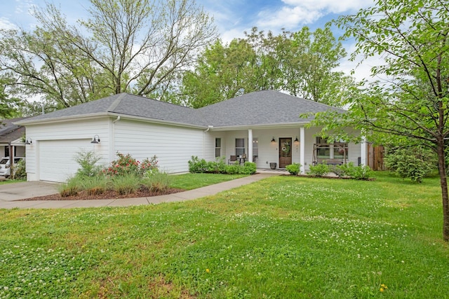 ranch-style house featuring a porch, roof with shingles, a garage, a front lawn, and concrete driveway