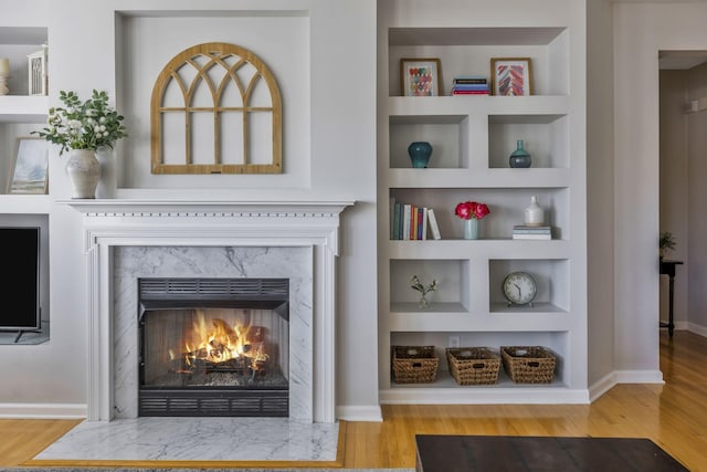 details featuring baseboards, a fireplace, wood finished floors, and built in shelves