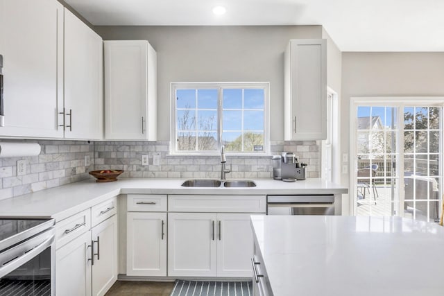kitchen with light countertops, white cabinetry, and a sink