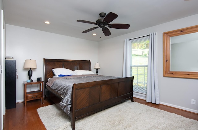 bedroom featuring baseboards, recessed lighting, a ceiling fan, and wood finished floors