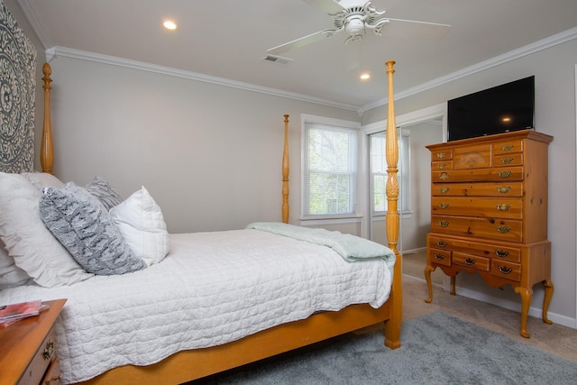 carpeted bedroom featuring visible vents, crown molding, baseboards, ceiling fan, and recessed lighting
