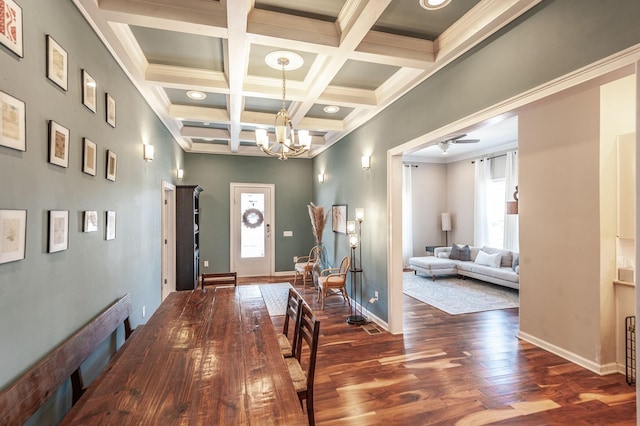 108 High St, Portland, TN 37148 - foyer with dark wood-style floors, beamed ceiling, a chandelier, coffered ceiling, and a ceiling fan
