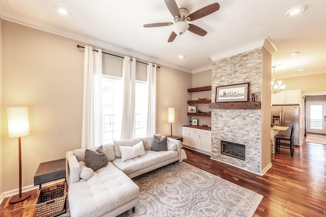 108 High St, Portland, TN 37148 - living area featuring a ceiling fan, ornamental molding, wood finished floors, a fireplace, and recessed lighting
