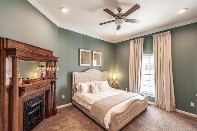 108 High St, Portland, TN 37148 - bedroom featuring carpet floors, baseboards, crown molding, a fireplace, and recessed lighting