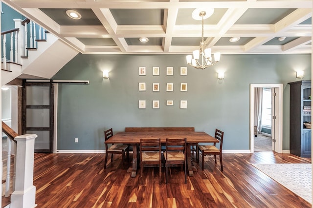 108 High St, Portland, TN 37148 - dining area with stairway, a chandelier, dark wood-style flooring, baseboards, and beam ceiling