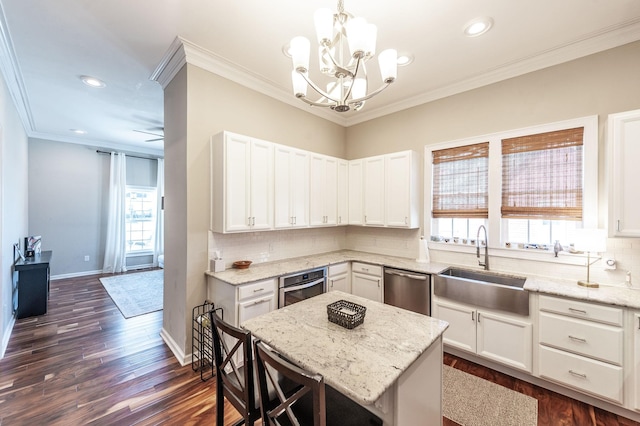 108 High St, Portland, TN 37148 - kitchen featuring a sink, appliances with stainless steel finishes, crown molding, plenty of natural light, and decorative backsplash