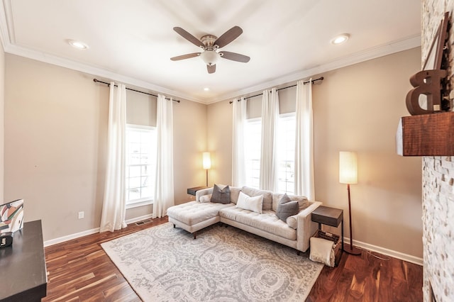 108 High St, Portland, TN 37148 - living room featuring ceiling fan, ornamental molding, baseboards, dark wood finished floors, and recessed lighting