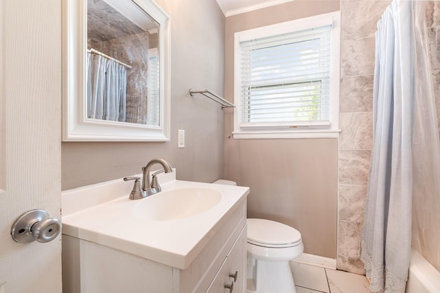 full bath with toilet, tile patterned flooring, and vanity