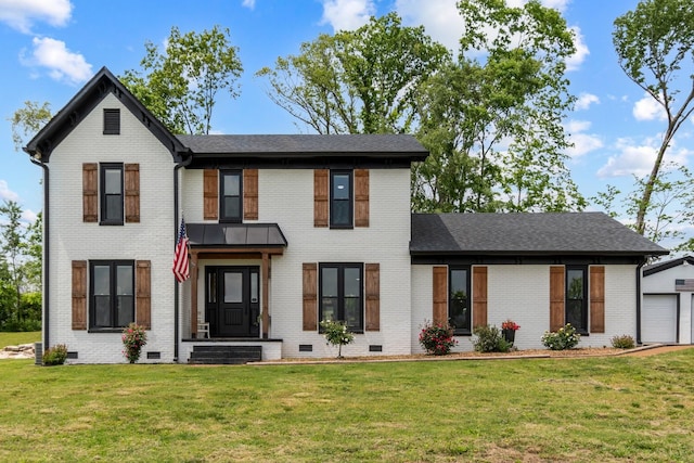 modern inspired farmhouse featuring brick siding, crawl space, roof with shingles, and a front lawn