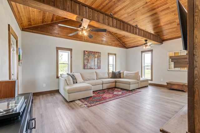 living area with baseboards, plenty of natural light, wood ceiling, and ceiling fan