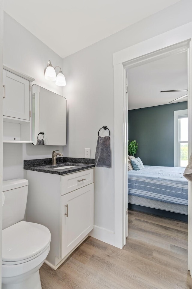 bathroom with vanity, toilet, baseboards, ensuite bathroom, and wood finished floors
