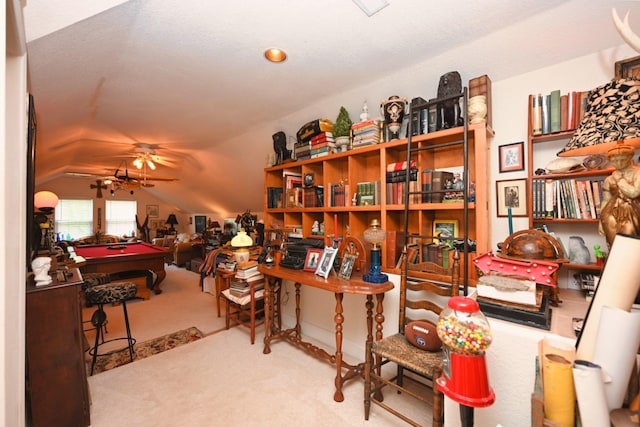 carpeted office space featuring billiards, ceiling fan, and lofted ceiling