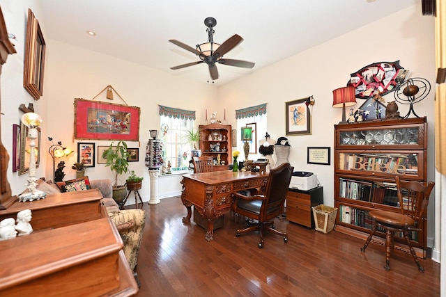 office space featuring baseboards, ceiling fan, recessed lighting, and wood finished floors