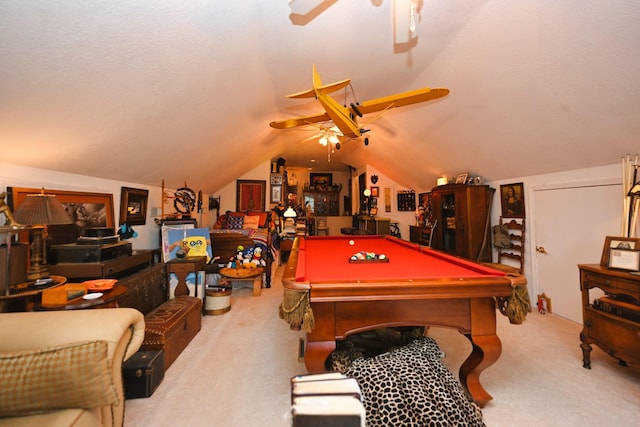 recreation room featuring carpet floors, a ceiling fan, lofted ceiling, and pool table