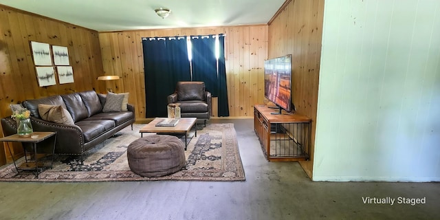 living room featuring wooden walls