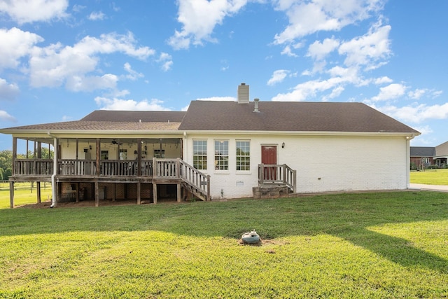 195 Spring Creek Ln, Lebanon, TN 37090 - rear view of house with a ceiling fan, a sunroom, a chimney, and a yard