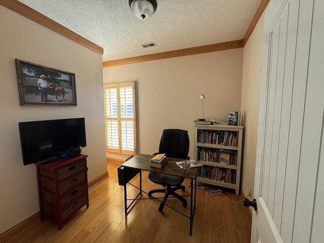 195 Spring Creek Ln, Lebanon, TN 37090 - office area featuring visible vents, ornamental molding, a textured ceiling, and wood finished floors