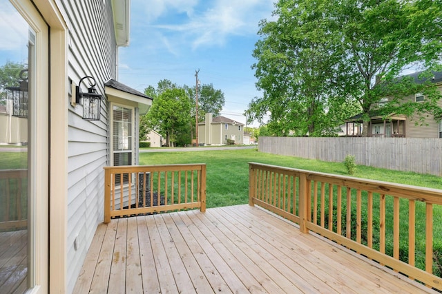 wooden terrace with a lawn and fence