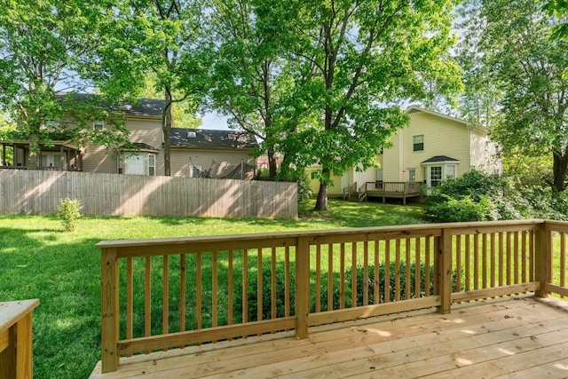 wooden deck with fence and a lawn