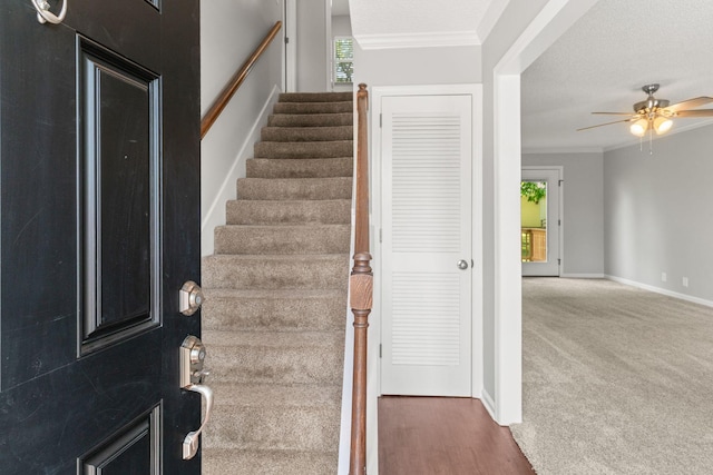 stairway featuring crown molding, a ceiling fan, baseboards, and carpet floors