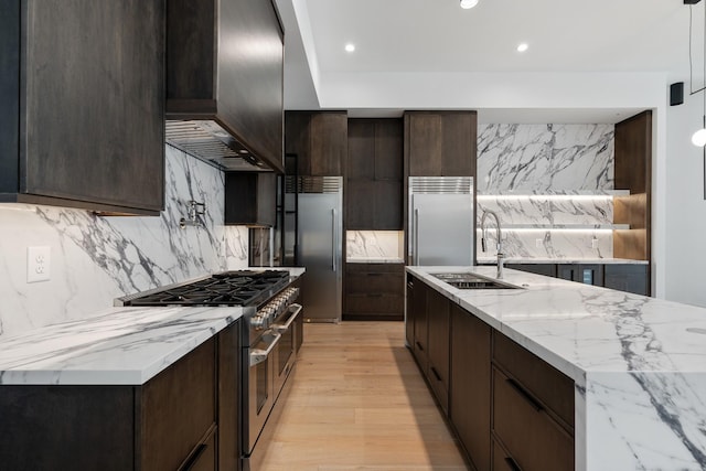 kitchen featuring high quality appliances, a sink, light wood finished floors, wall chimney exhaust hood, and decorative backsplash