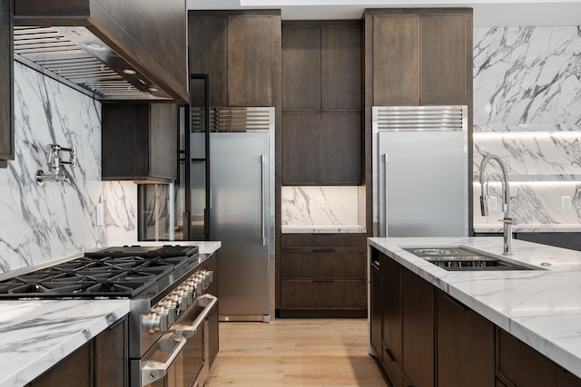 kitchen featuring decorative backsplash, light wood-style floors, extractor fan, high quality appliances, and a sink