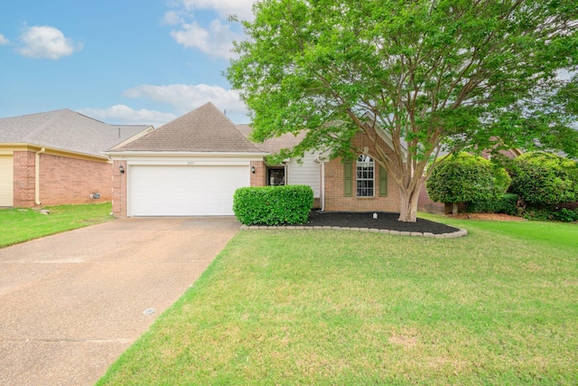 single story home with driveway, a front yard, brick siding, an attached garage, and a shingled roof