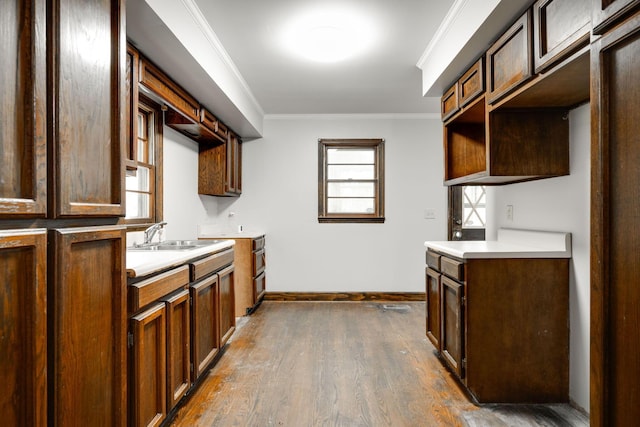 kitchen featuring a sink, light countertops, ornamental molding, baseboards, and dark wood-style floors