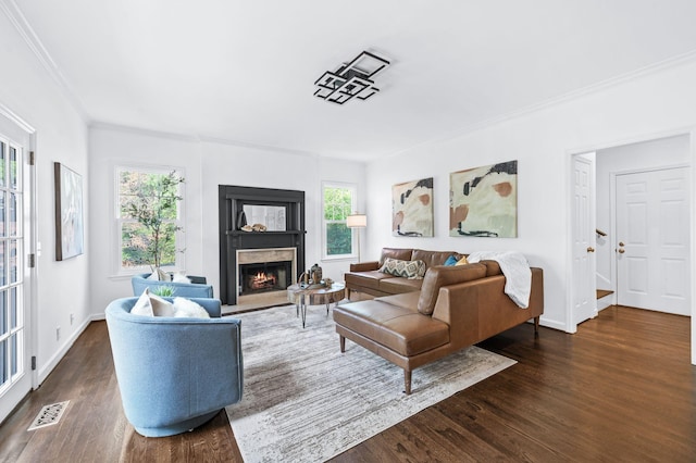 living room featuring ornamental molding, wood finished floors, and a wealth of natural light