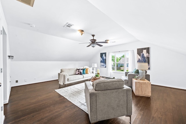 living area with ceiling fan, vaulted ceiling, dark wood-style floors, and visible vents