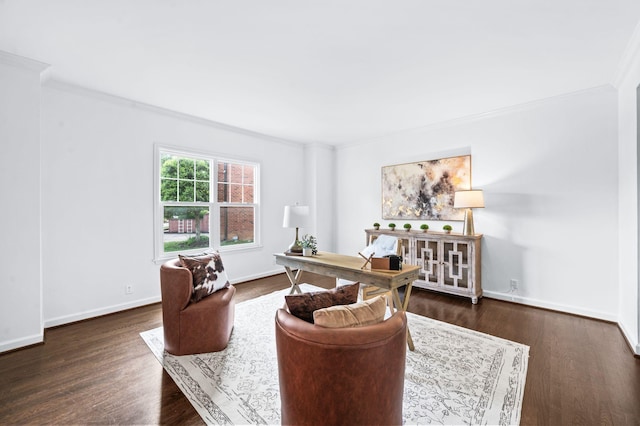 office featuring baseboards, ornamental molding, and dark wood-type flooring