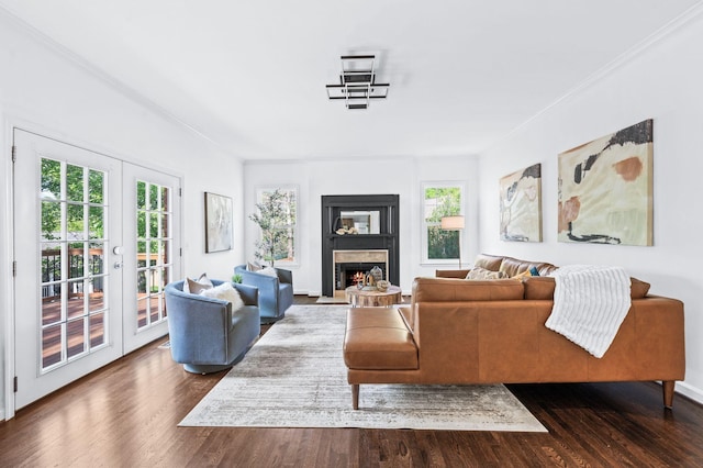living area featuring dark wood-type flooring, ornamental molding, and a healthy amount of sunlight